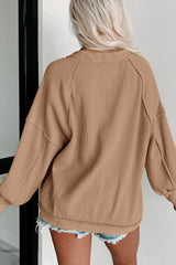 Khaki Exposed Seam Buttons Front Waffle Knit Cardigan