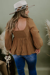 Khaki Plus Size Sweetheart Neck Long Sleeve Peplum Blouse