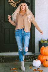 Gray V Neck Collared Retro Waffle Long Sleeve Top