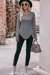 Gray Buttoned Hem Ribbed Long Sleeve Top
