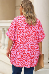 Rose Leopard Print V Neck Half Sleeve Plus Size Blouse