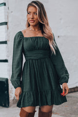 Green Ruched Square Neck Puff Sleeve Mini Dress
