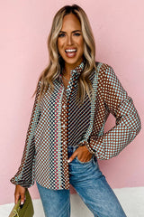 Brown Dot Print Long Sleeve Button Down Shift Shirt
