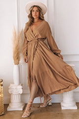 Brown V Neck Wrap Long Sleeve Dress