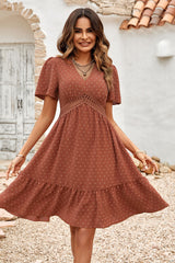 Brown Swiss Dot Lace Splice Swing Dress