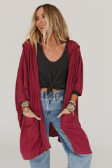 Red Bracelet Sleeve Pocketed Open Front Hooded Cardigan