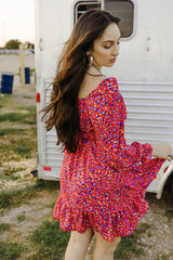 Red Square Neck Spring Floral Dress