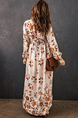 Yellow Leaf Print V Neck Puff Sleeve Maxi Dress