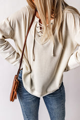 Beige Criss Cross Front Tie V Neck Top