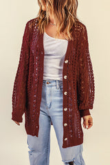 Wine Red Drop Sleeve Crochet Knit Cardigan