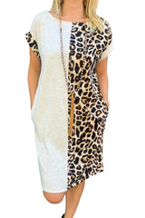 Gray Leopard Contrast Rolled Short Sleeve Dress