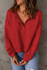 Red Front Buttons Drop Shoulder Pullover Sweatshirt