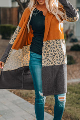 Orange Colorblock Leopard Print Patchwork Knit Cardigan