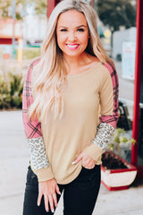 Khaki Checkered Leopard Raglan Sleeve Top