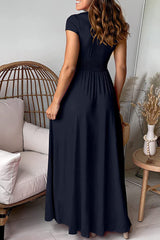 Blue Ruched V Neck Cap Sleeve Slit Maxi Dress