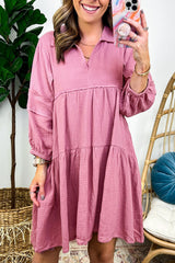 Purple Collared Neck Crinkled Tiered Dress