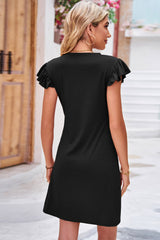 Black Round Neck Ruffle Sleeve Wrap Hem Dress