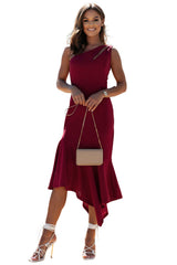 Red Cut-Out One Shoulder Ruffle Hem Sleeveless Bodycon Dress