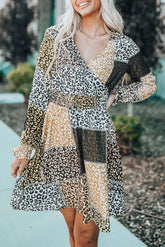 Leopard Color Block Surplice V Neck Mini Dress