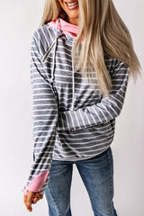 Striped Cowl Neck Hoodie with Pocket