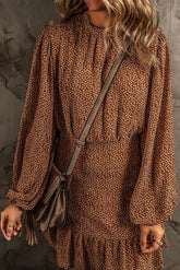 Coffee Leavy Print Long Sleeve Cinched Waist Ruffled Dress