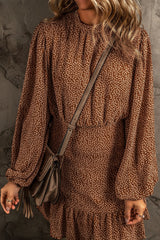 Coffee Leavy Print Long Sleeve Cinched Waist Ruffled Dress