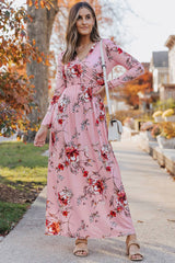Pink Wrapped V Neck Floral Long Sleeve Empire Maxi Dress