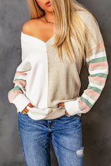 Khaki Contrast Striped Sleeve Sweater