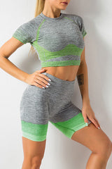 Sky Blue Striped Gradient Color Print Cropped High Waist Yoga Wear