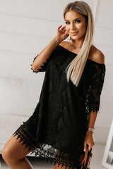 Black Round Neck Short Sleeve Loose Lace Dress