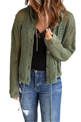 Green Button up Long Sleeve Hooded Cardigan