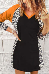Black Leopard Color Block V-Neck Mini Dress