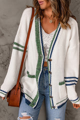 White Striped Buttoned Pocketed Drop Shoulder Sweater