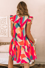 Red Abstract Geometric Print Flutter Sleeve Babydoll Dress