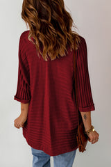 Red Ribbed Open Front Knit Cardigan