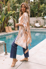 Beige Abstract Print Short Sleeve Open Front Kimono