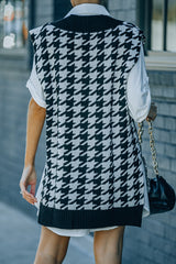 Black Houndstooth Sweater Vest with Slits