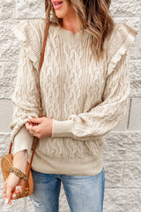 Green Frilled Shoulder Detail Cable Knit Sweater
