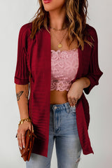Red Ribbed Open Front Knit Cardigan