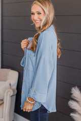 Sky Blue Roll Tab Sleeve Ribbed Cording Shacket