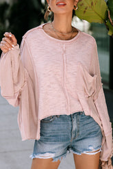 Pink Exposed Seam Chest Pocket Loose Sleeve Oversized Top