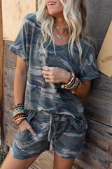 Green Classic Camo Print Slouchy Loungewear Shorts Set