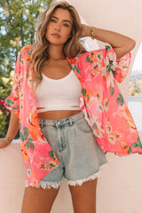 Pink Floral Print Ruffled 3/4 Sleeve Loose Fit Kimono