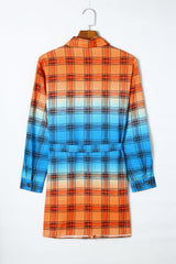 Orange Gradient Plaid Button Front Mini Shirt Dress