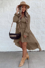 Khaki Tiered Ruffled High Low Long Sleeve Dress