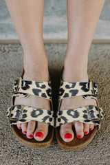 Leopard PU Leather Square Buckle Slippers