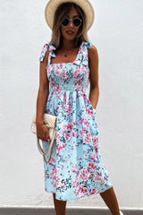 Sky Blue Tie Straps Smocked Floral Dress