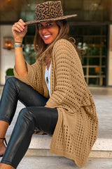 Camel Pointelle Knit Pocket Open Front Cardigan