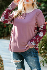 Purple Floral Accent Puff Sleeves Plus Size Thermal Top