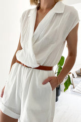 White Collared Wrap V Neck Lightweight Textured Romper